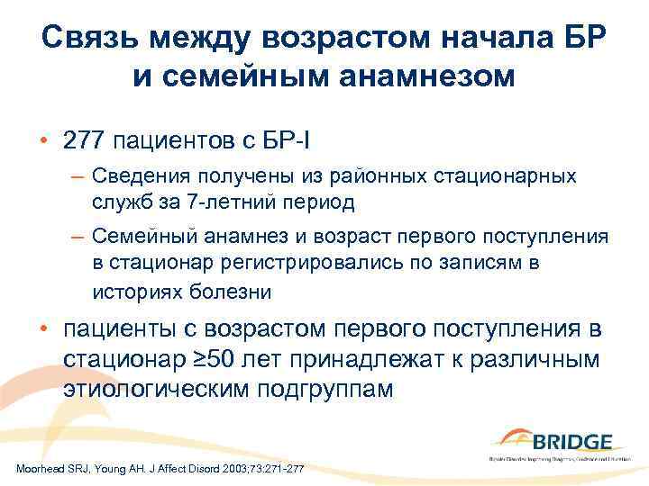 Связь между возрастом начала БР и семейным анамнезом • 277 пациентов с БР-I –