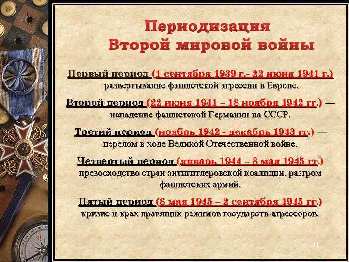 Периодизация Второй мировой войны Первый период (1 сентября 1939 г. - 22 июня 1941