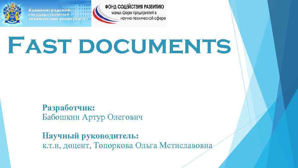 Fast documents Разработчик: Бабошкин Артур Олегович Научный руководитель: к. т. н, доцент, Топоркова Ольга