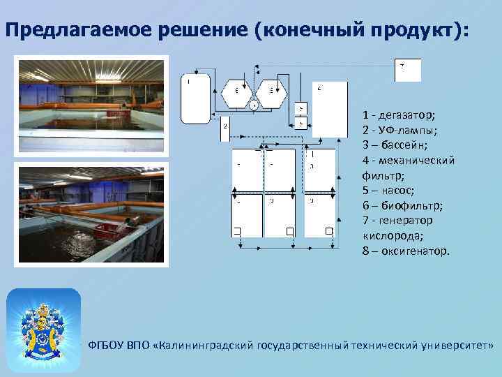 Предлагаемое решение (конечный продукт): 1 - дегазатор; 2 - УФ-лампы; 3 – бассейн; 4
