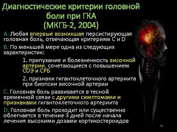 Диагностические критерии головной боли при ГКА (МКГБ-2, 2004) А. Любая впервые возникшая персистирующая головная
