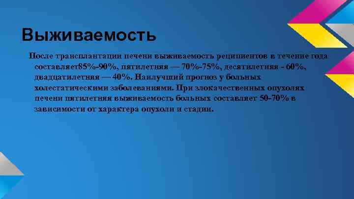 Выживаемость После трансплантации печени выживаемость реципиентов в течение года составляет85%-90%, пятилетняя — 70%-75%, десятилетняя