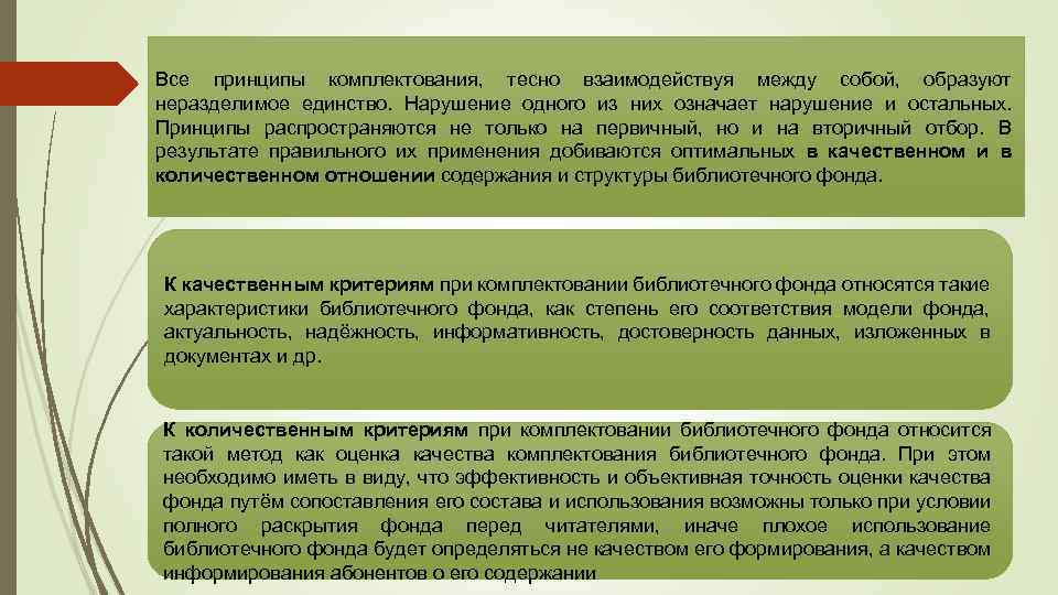 Все принципы комплектования, тесно взаимодействуя между собой, образуют неразделимое единство. Нарушение одного из них