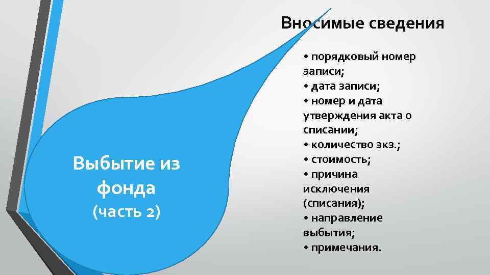 Вносимые сведения Выбытие из фонда (часть 2) • порядковый номер записи; • дата записи;