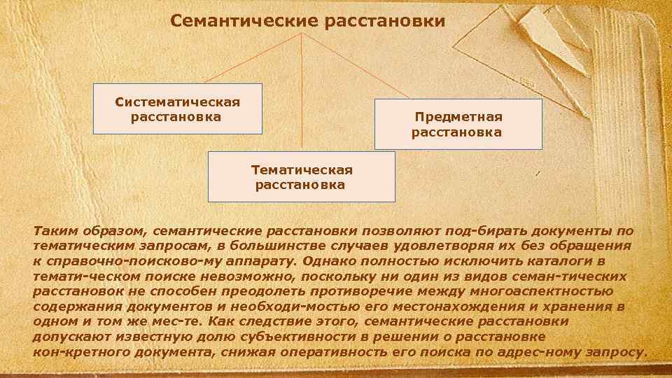 Семантические расстановки Систематическая расстановка Предметная расстановка Тематическая расстановка Таким образом, семантические расстановки позволяют под