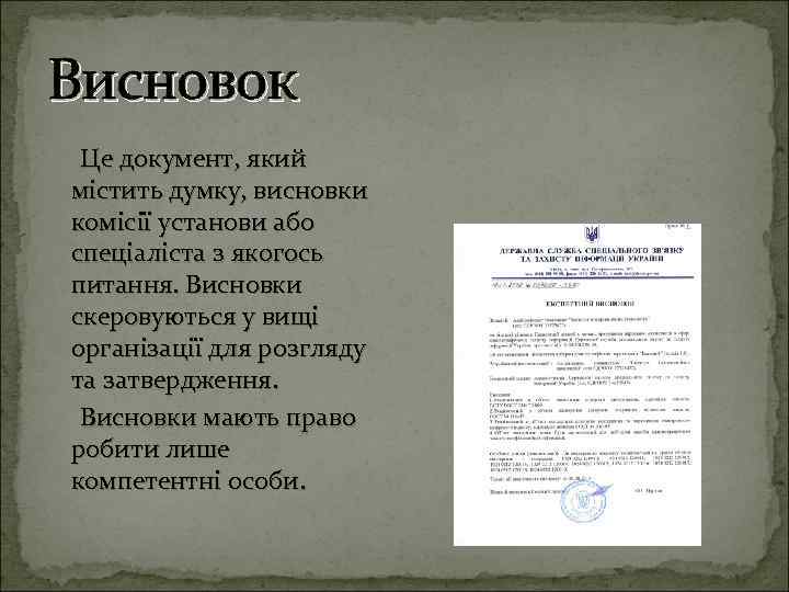 Висновок Це документ, який містить думку, висновки комісії установи або спеціаліста з якогось питання.