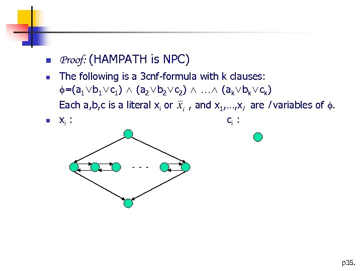  Proof: (HAMPATH is NPC) The following is a 3 cnf-formula with k clauses: