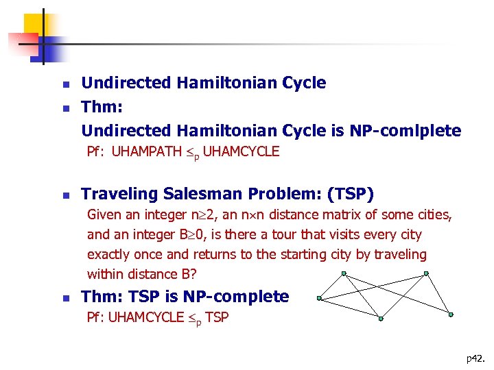  Undirected Hamiltonian Cycle Thm: Undirected Hamiltonian Cycle is NP-comlplete Pf: UHAMPATH p UHAMCYCLE