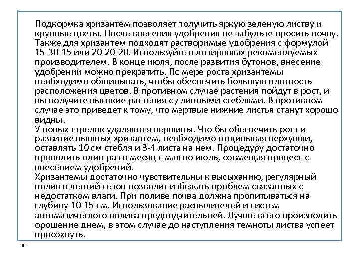  Подкормка хризантем позволяет получить яркую зеленую листву и крупные цветы. После внесения удобрения