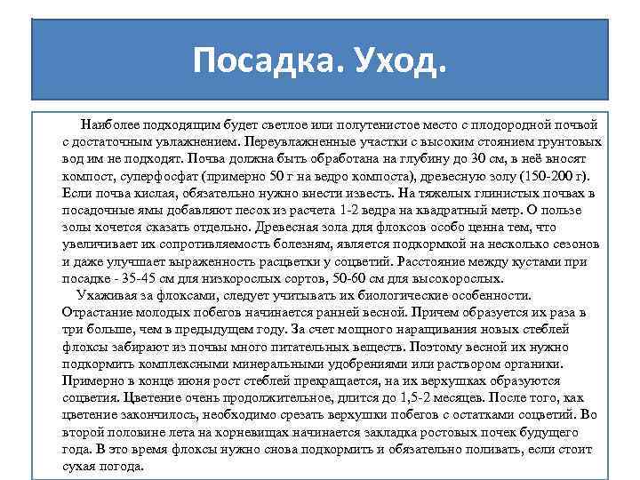 Посадка. Уход. Наиболее подходящим будет светлое или полутенистое место с плодородной почвой с достаточным