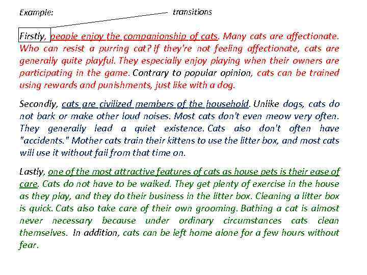 Example: transitions Firstly, people enjoy the companionship of cats. Many cats are affectionate. Who
