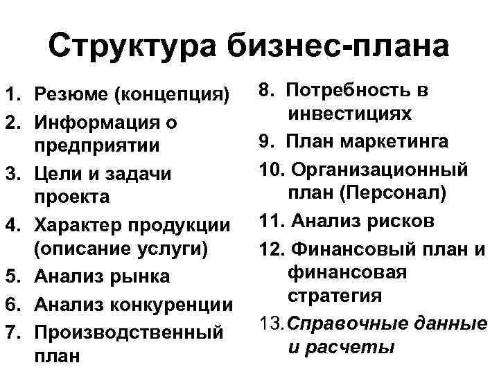 Структура бизнес-плана 1. Резюме (концепция) 2. Информация о предприятии 3. Цели и задачи проекта