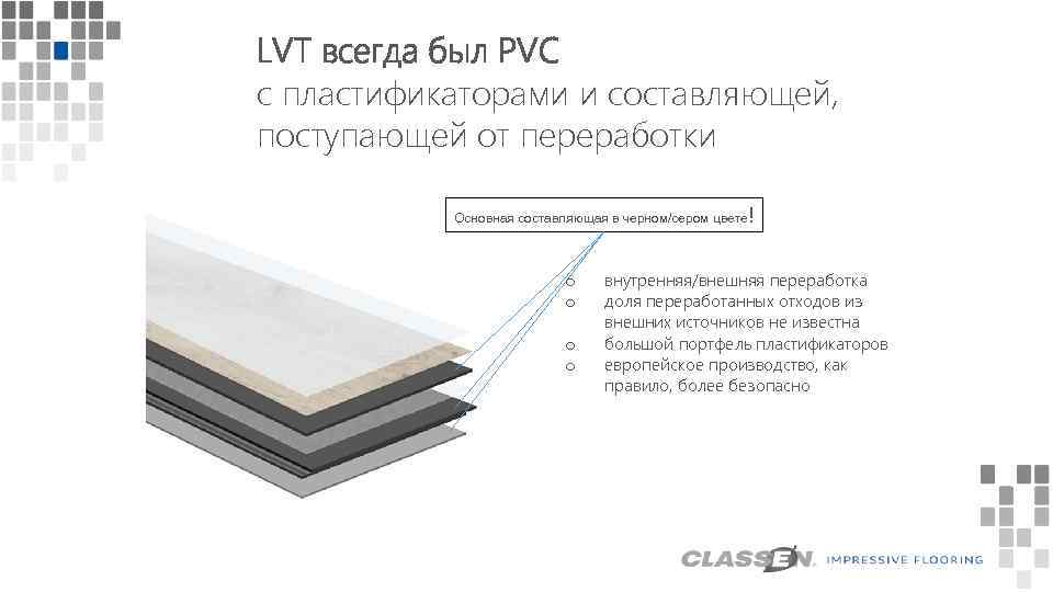 LVT всегда был PVC с пластификаторами и составляющей, поступающей от переработки ! Основная составляющая