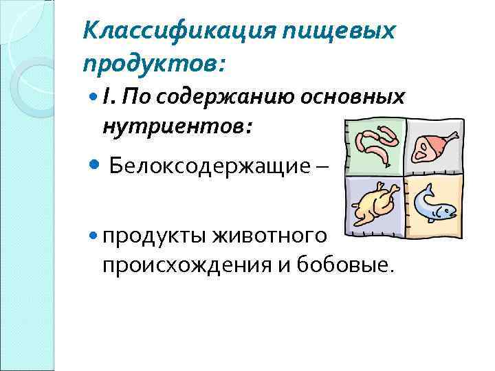 Классификация пищевых продуктов: I. По содержанию основных нутриентов: Белоксодержащие – продукты животного происхождения и
