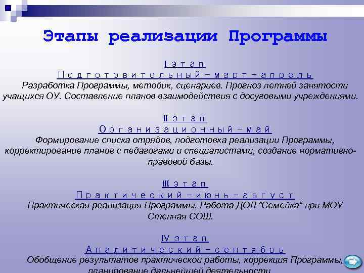 Этапы реализации Программы I этап Подготовительный – март - апрель Разработка Программы, методик, сценариев.