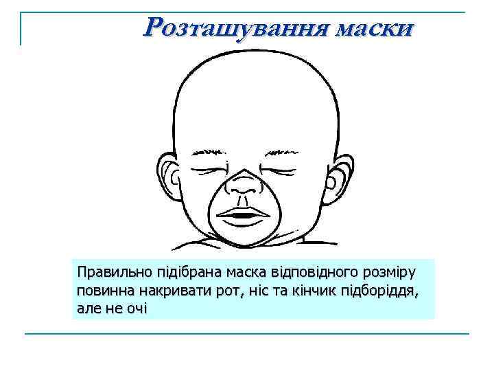 Розташування маски Правильно підібрана маска відповідного розміру повинна накривати рот, ніс та кінчик підборіддя,