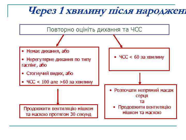 Через 1 хвилину після народженн Повторно оцініть дихання та ЧСС • Немає дихання, або