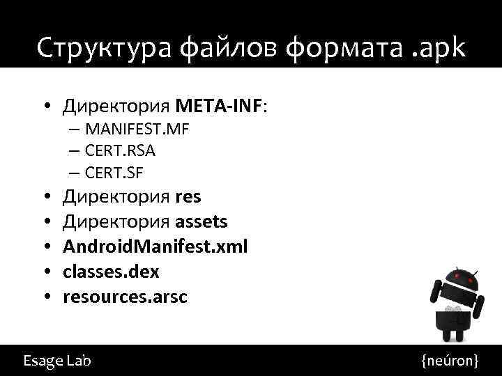 Структура файлов формата. apk • Директория META-INF: – MANIFEST. MF – CERT. RSA –
