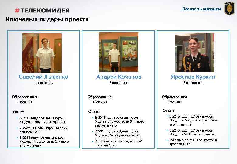 Логотип компании Ключевые лидеры проекта photo Савелий Лысенко Андрей Кочанов Ярослав Куркин Должность Образование: