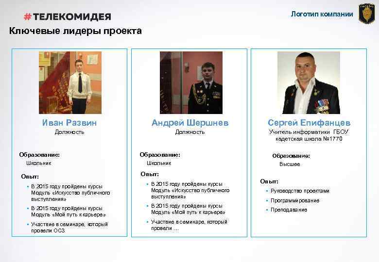 Логотип компании Ключевые лидеры проекта photo Иван Развин Андрей Шершнев Сергей Епифанцев Должность Учитель
