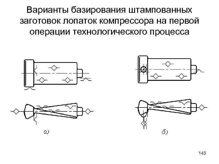 Варианты базирования штампованных заготовок лопаток компрессора на первой операции технологического процесса 143 