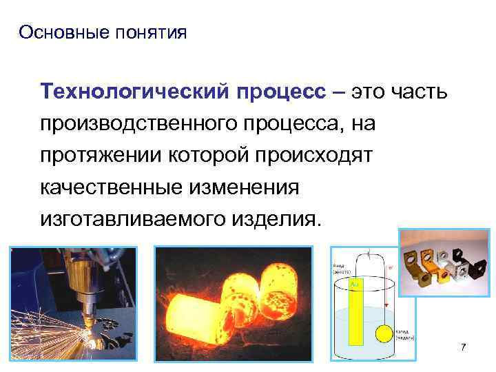 Основные понятия Технологический процесс – это часть производственного процесса, на протяжении которой происходят качественные