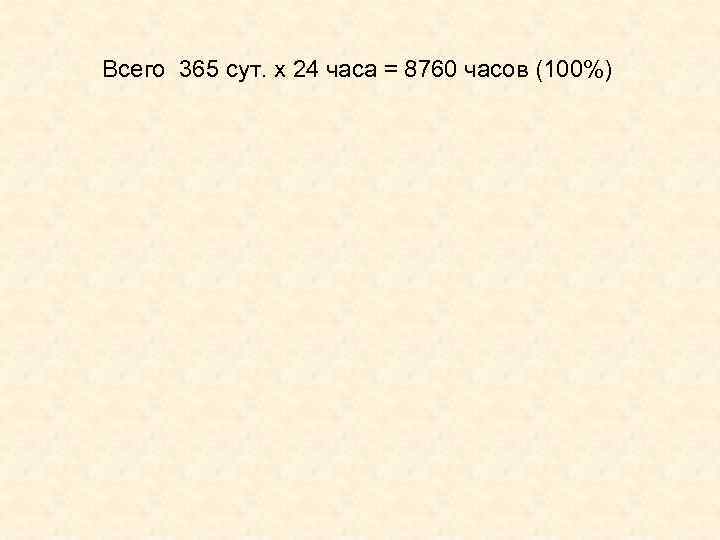 Всего 365 сут. х 24 часа = 8760 часов (100%) 