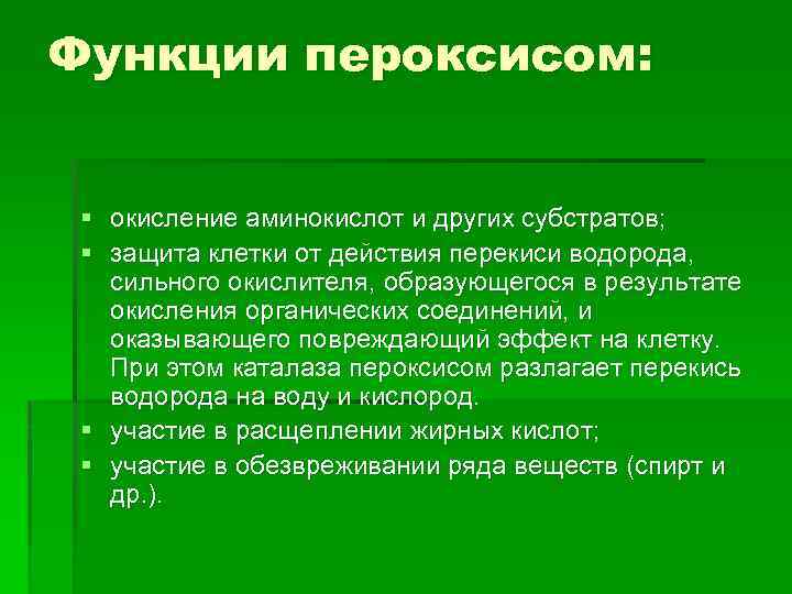 Функции пероксисом: § окисление аминокислот и других субстратов; § защита клетки от действия перекиси