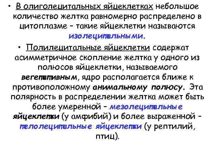  • В олиголецитальных яйцеклетках небольшое количество желтка равномерно распределено в цитоплазме – такие