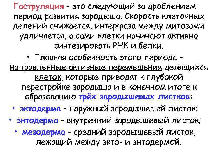 Гаструляция – это следующий за дроблением период развития зародыша. Скорость клеточных делений снижается, интерфаза