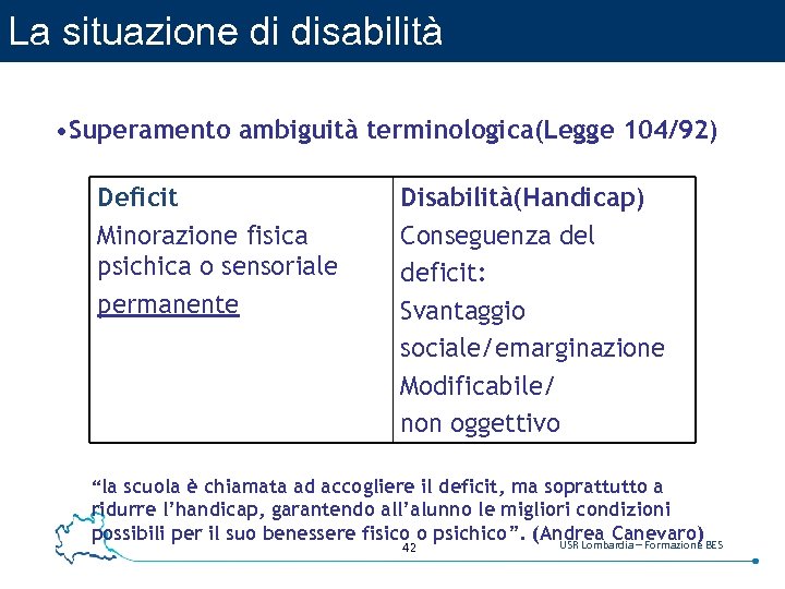 La situazione di disabilità • Superamento ambiguità terminologica(Legge 104/92) Deficit Minorazione fisica psichica o