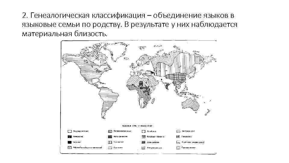 2. Генеалогическая классификация – объединение языков в языковые семьи по родству. В результате у