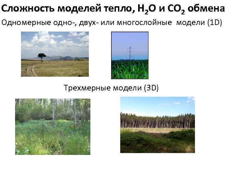 Сложность моделей тепло, Н 2 О и СО 2 обмена Одномерные одно-, двух- или