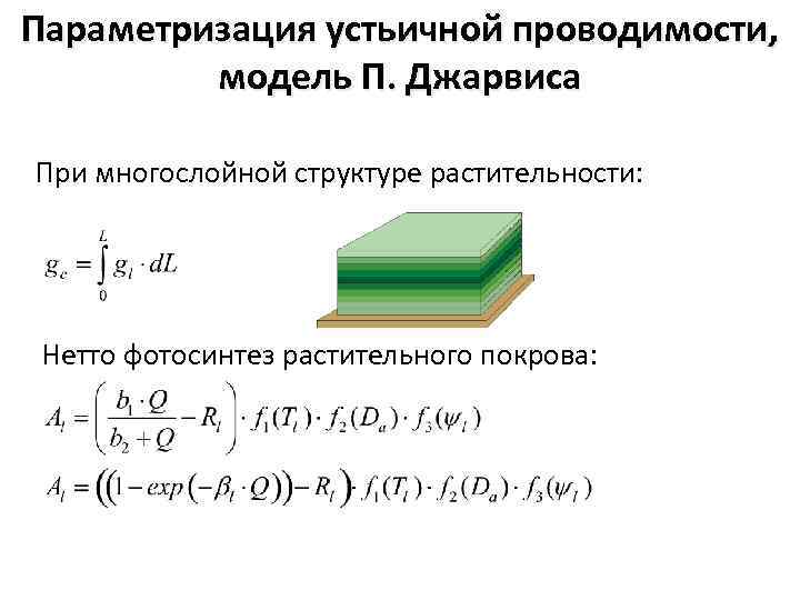 Параметризация устьичной проводимости, модель П. Джарвиса При многослойной структуре растительности: Нетто фотосинтез растительного покрова:
