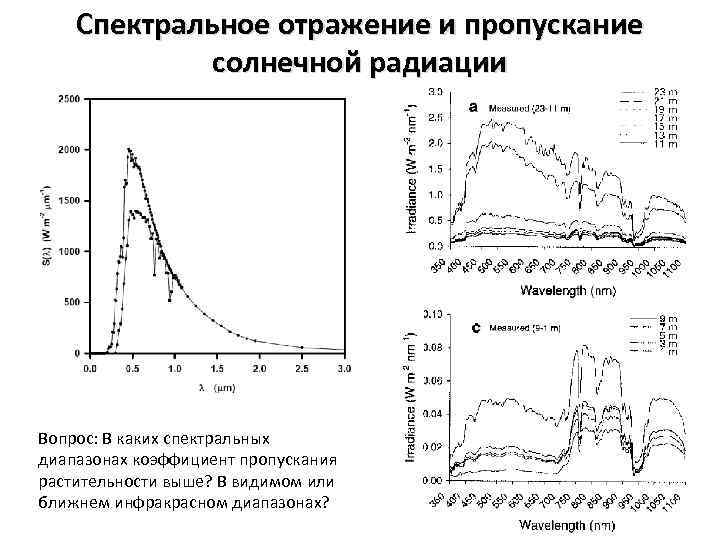 Спектральное отражение и пропускание солнечной радиации Вопрос: В каких спектральных диапазонах коэффициент пропускания растительности