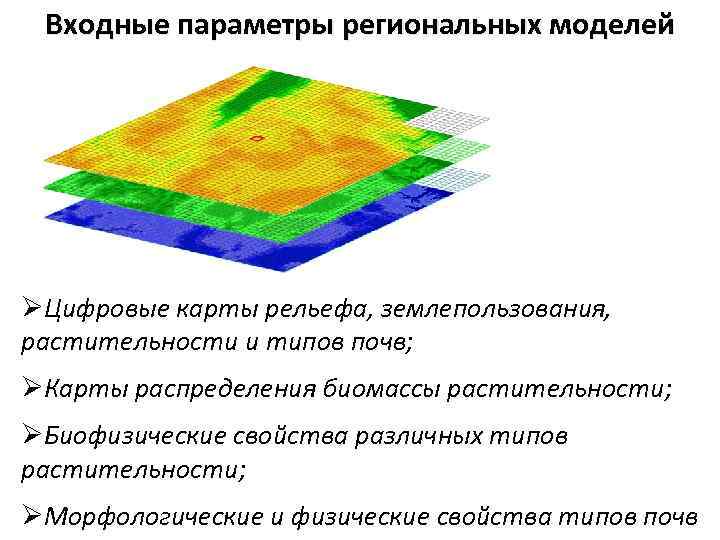 Входные параметры региональных моделей ØЦифровые карты рельефа, землепользования, растительности и типов почв; ØКарты распределения