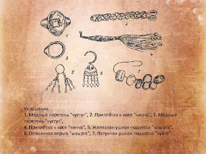 Украшения 1. Медный перстень "чустуг", 2. Приплётка к косе "чинча", 3. Медный перстень "чустуг",