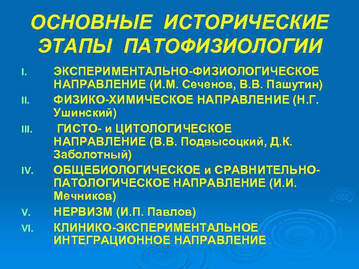 ОСНОВНЫЕ ИСТОРИЧЕСКИЕ ЭТАПЫ ПАТОФИЗИОЛОГИИ I. III. IV. V. VI. ЭКСПЕРИМЕНТАЛЬНО-ФИЗИОЛОГИЧЕСКОЕ НАПРАВЛЕНИЕ (И. М. Сеченов,