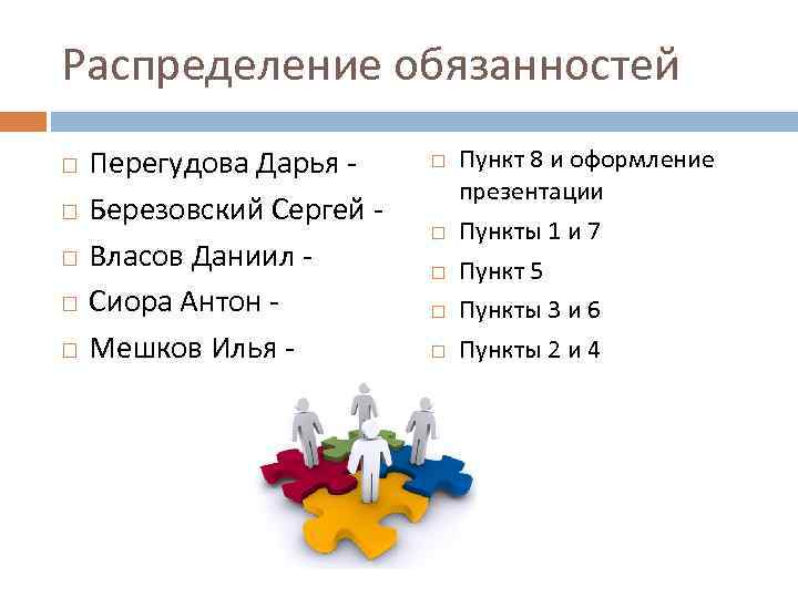 Распределение обязанностей Перегудова Дарья Березовский Сергей Власов Даниил Сиора Антон - Мешков Илья -
