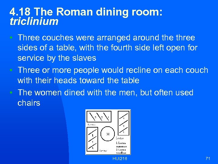 4. 18 The Roman dining room: triclinium • Three couches were arranged around the