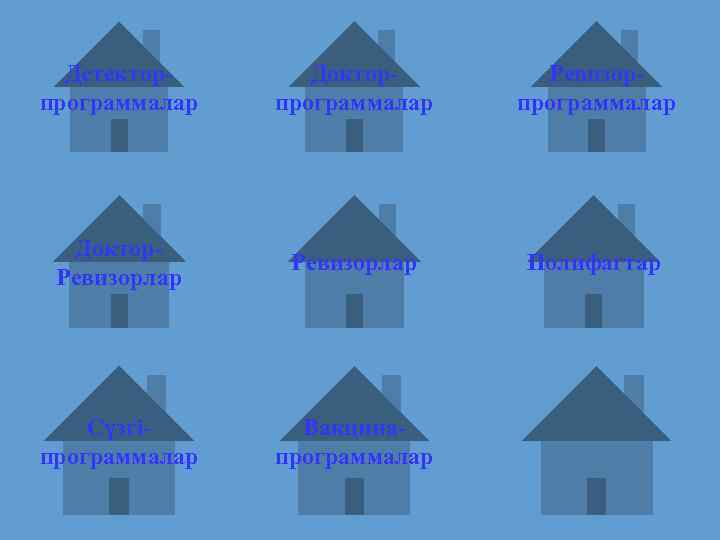 Детекторпрограммалар Докторпрограммалар Ревизорпрограммалар Доктор. Ревизорлар Полифагтар Сүзгіпрограммалар Вакцинапрограммалар 