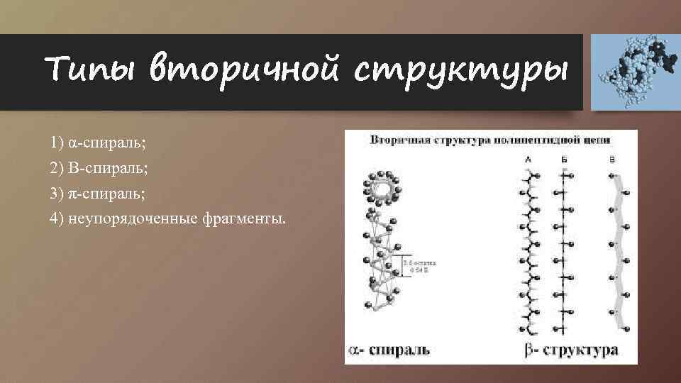 Типы вторичной структуры 1) α-спираль; 2) Β-спираль; 3) π-спираль; 4) неупорядоченные фрагменты. 