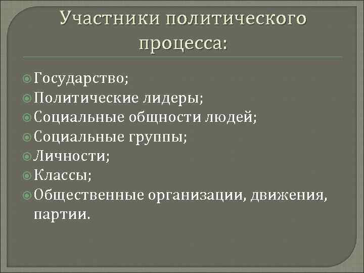 Участники политического процесса: Государство; Политические лидеры; Социальные общности людей; Социальные группы; Личности; Классы; Общественные