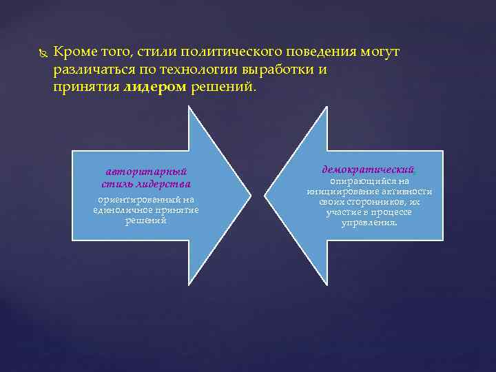  Кроме того, стили политического поведения могут различаться по технологии выработки и принятия лидером