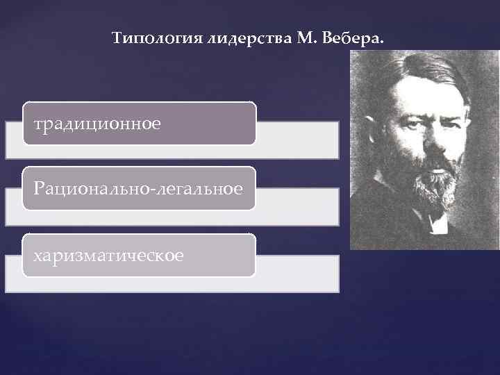 Типология лидерства М. Вебера. традиционное Рационально-легальное харизматическое 