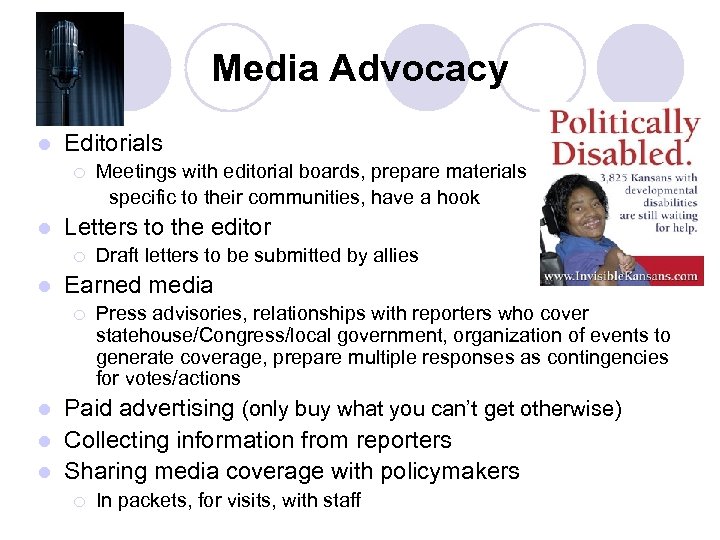 Media Advocacy l Editorials ¡ l Letters to the editor ¡ l Meetings with