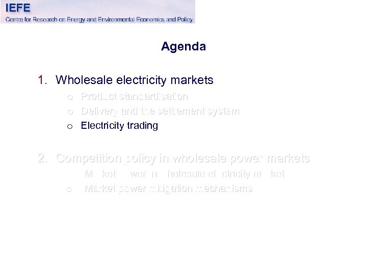 Agenda 1. Wholesale electricity markets o o o Product standardisation Delivery and the settlement