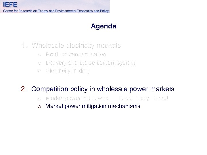 Agenda 1. Wholesale electricity markets o o o Product standardisation Delivery and the settlement