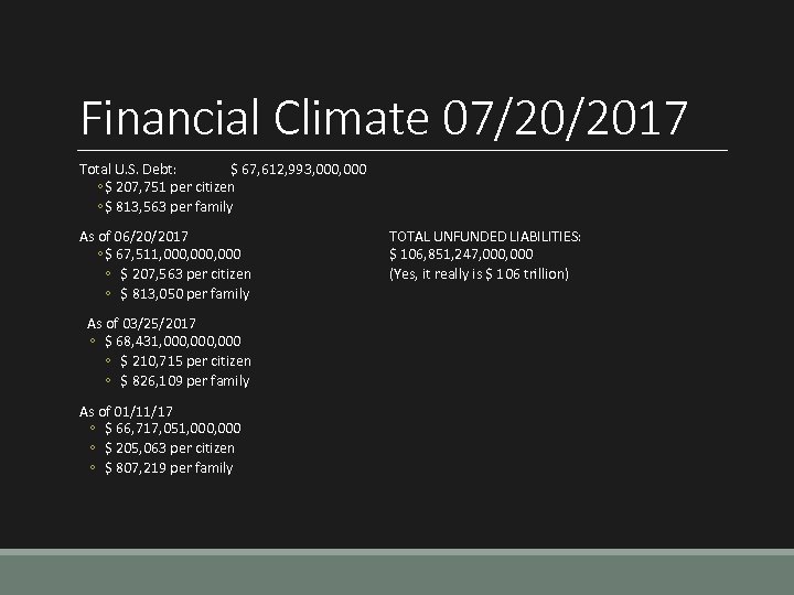 Financial Climate 07/20/2017 Total U. S. Debt: $ 67, 612, 993, 000 ◦ $