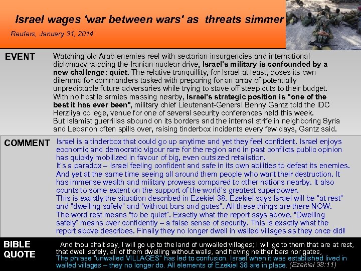 Israel wages 'war between wars' as threats simmer Reuters, January 31, 2014 EVENT Watching